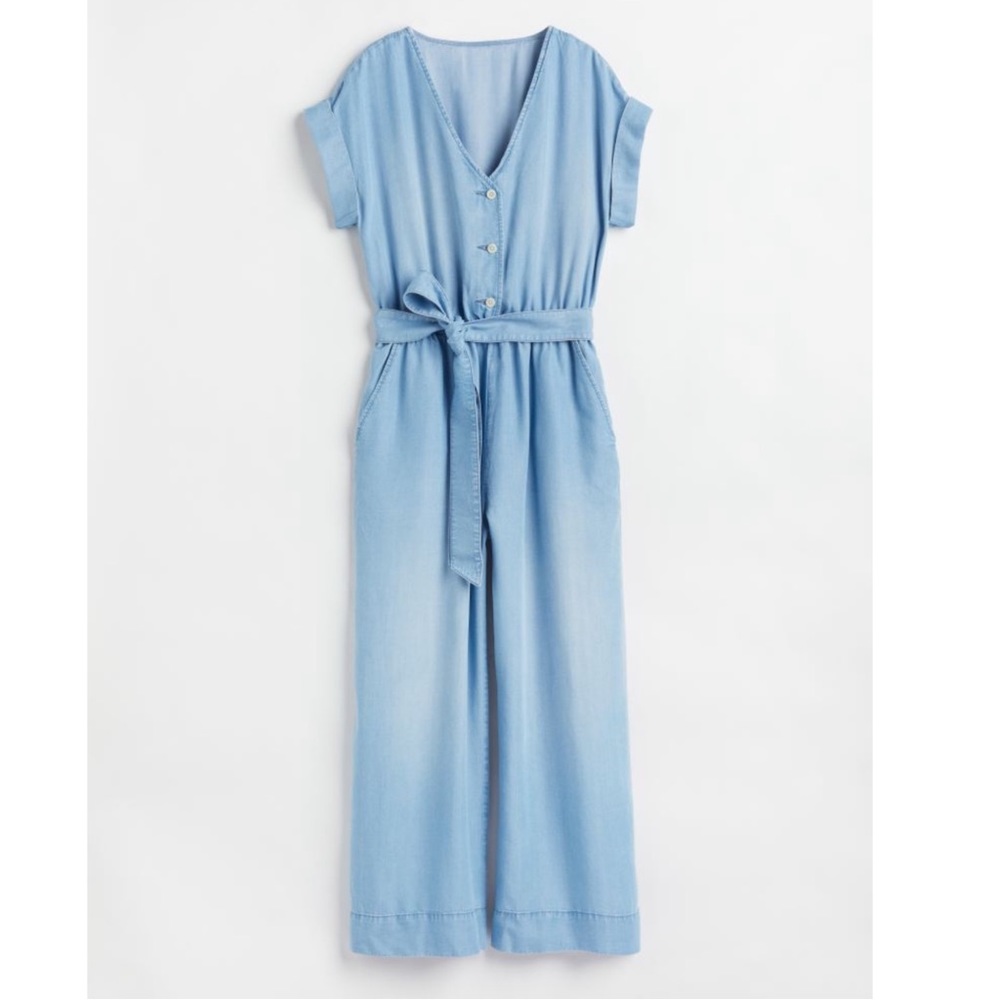 Light Blue Chambray Denim Cropped Leg  Jumpsuit